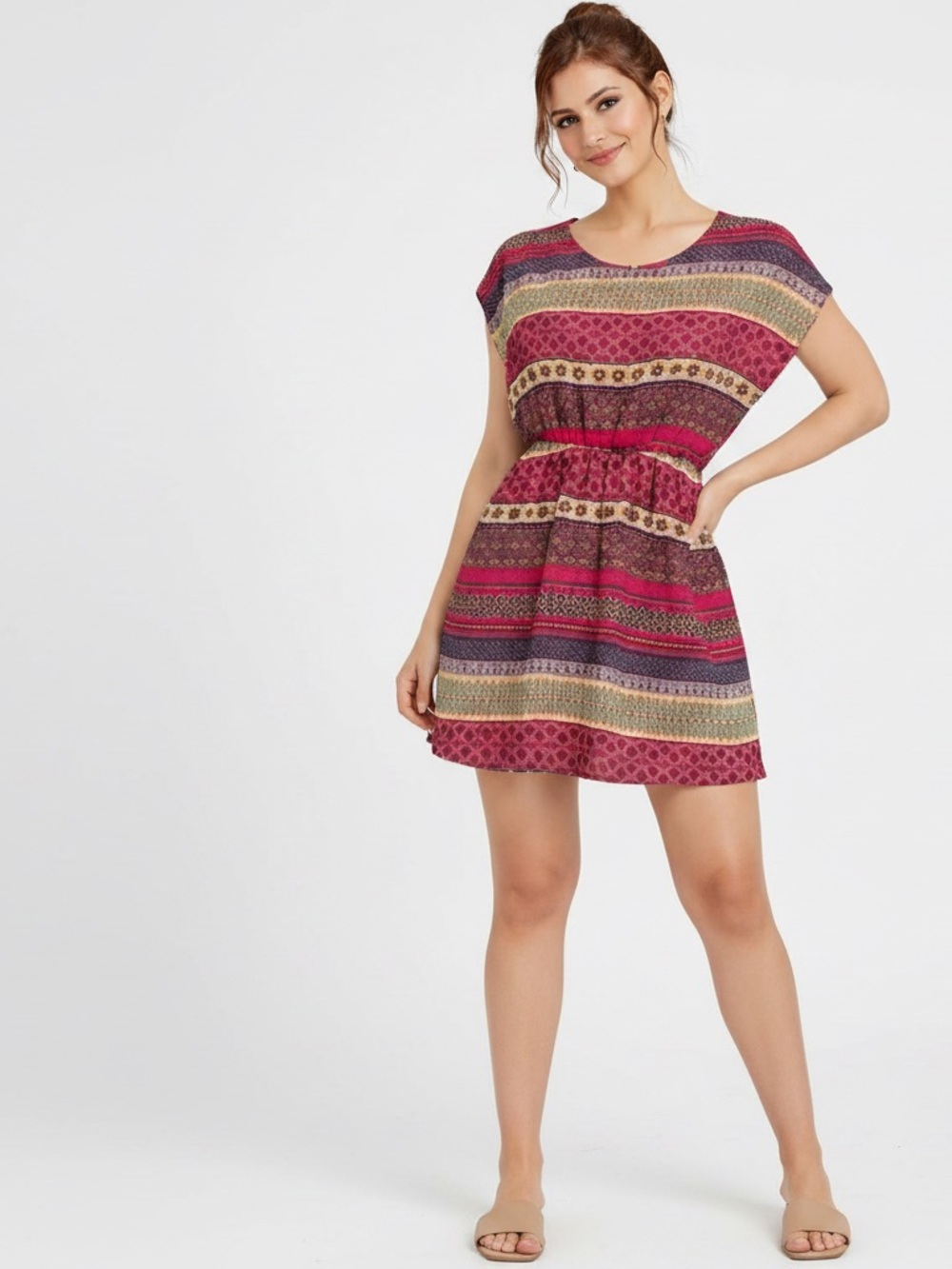 Buttons Multicolor Striped Boho Blouson Mini Dress M